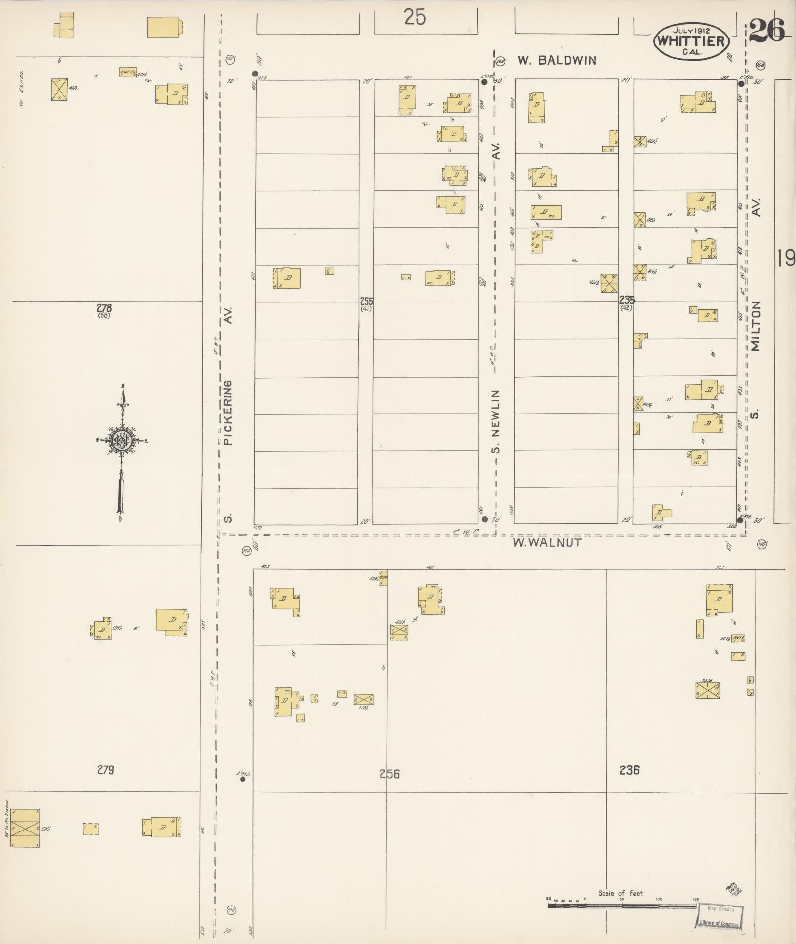 Sanborn Fire Insurance Map from Whittier, Los Angeles County, California (1912), Sheet #0026 - Complete Map Set gallery image, historic Sanborn map, vintage wall art, California California