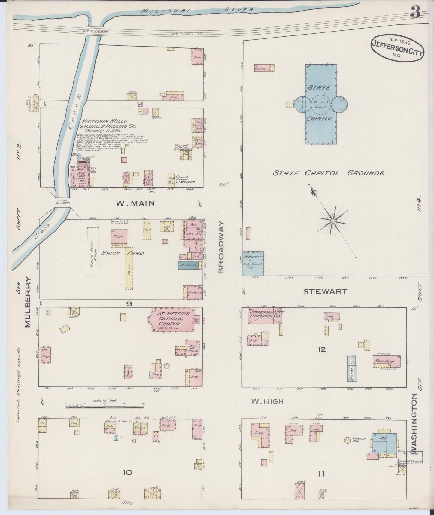 Sanborn Fire Insurance Map from Jefferson City, Cole County, Missouri (1885), Sheet #0003 - Historic Sanborn Fire Insurance Map Print, vintage old map wall art, antique decor, genealogy gift, Missouri Missouri map