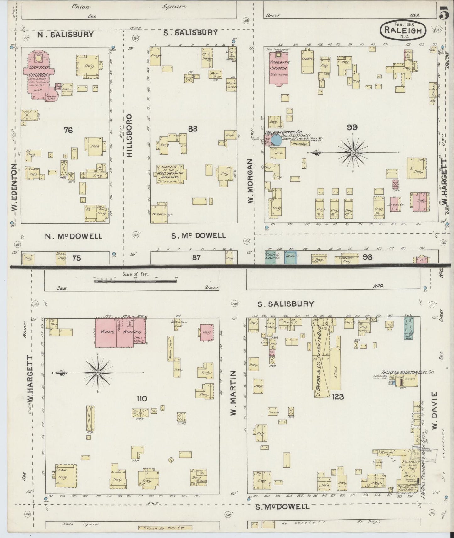 Sanborn Fire Insurance Map from Raleigh, Wake County, North Carolina (1888), Sheet #0005 - Historic Sanborn Fire Insurance Map Print, vintage old map wall art, antique decor, genealogy gift, North Carolina North Carolina map