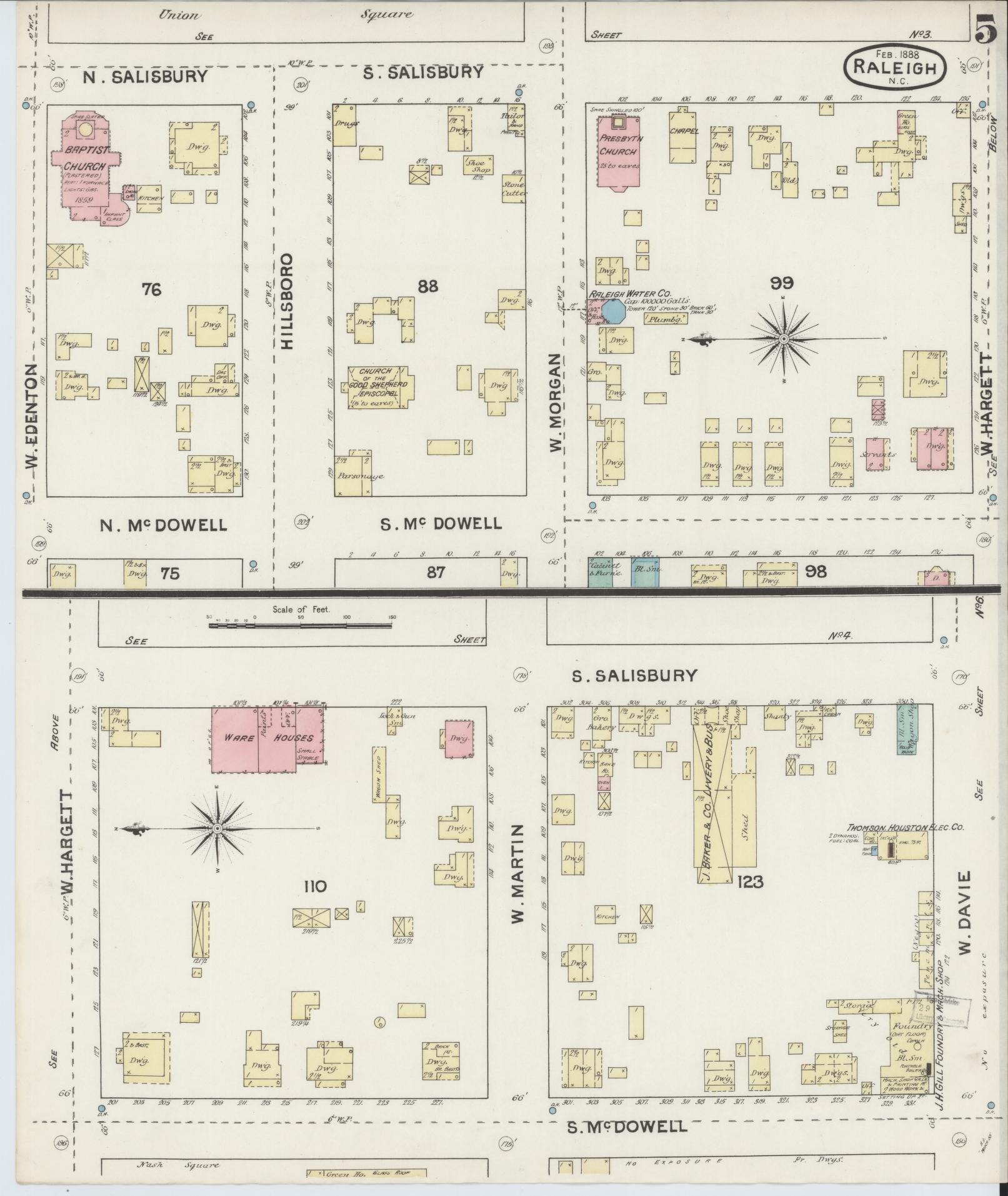 Sanborn Fire Insurance Map from Raleigh, Wake County, North Carolina (1888), Sheet #0005 - Historic Sanborn Fire Insurance Map Print, vintage old map wall art, antique decor, genealogy gift, North Carolina North Carolina map