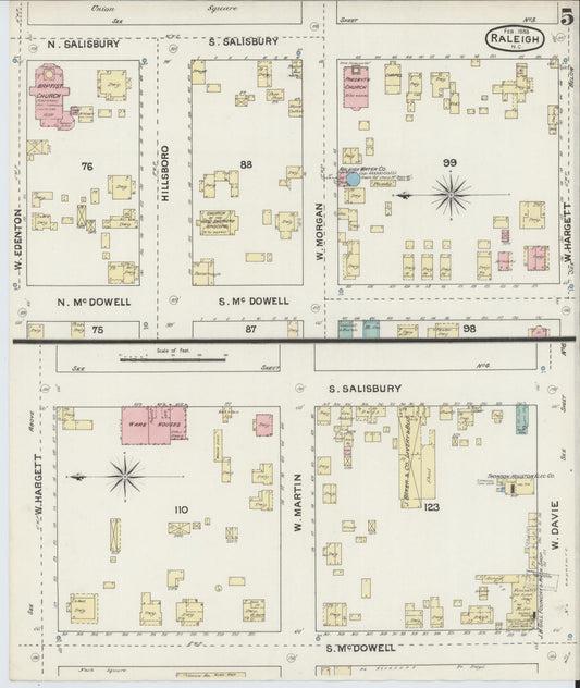 Sanborn Fire Insurance Map from Raleigh, Wake County, North Carolina (1888), Sheet #0005 - Historic Sanborn Fire Insurance Map Print, vintage old map wall art, antique decor, genealogy gift, North Carolina North Carolina map