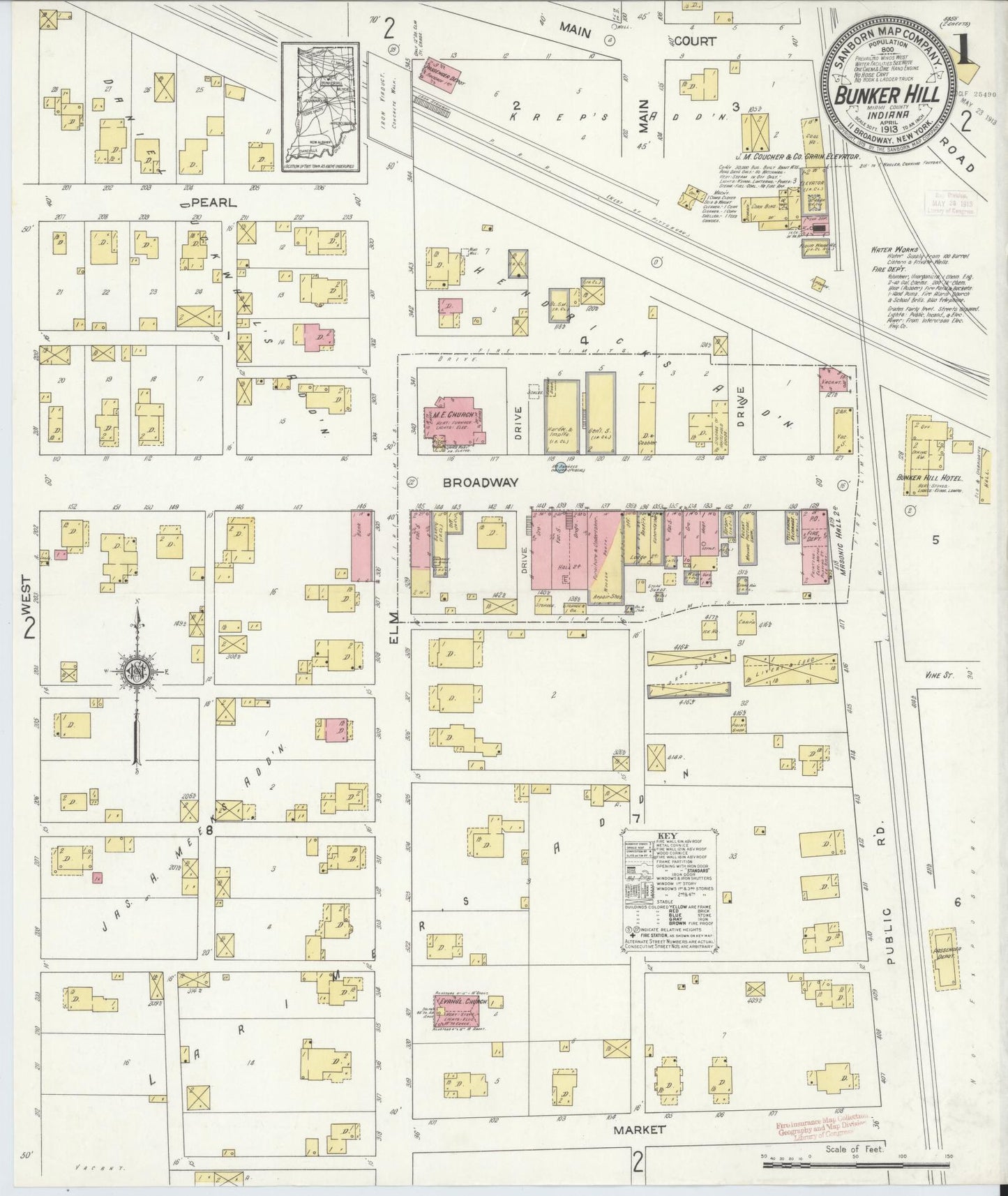 Sanborn Fire Insurance Map from Bunker Hill, Miami County, Indiana (1913), Sheet #0001 - Historic Sanborn Fire Insurance Map Print, vintage old map wall art, antique decor, genealogy gift, Indiana Indiana map