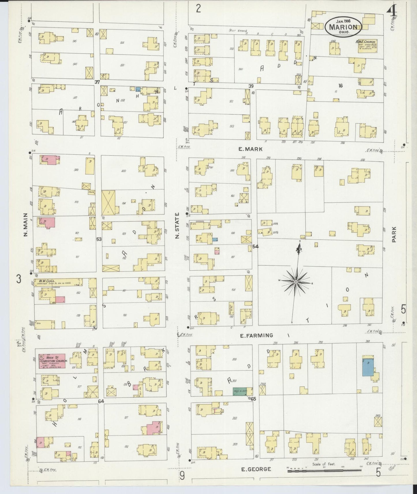 Sanborn Fire Insurance Map from Marion, Marion County, Ohio (1908), Sheet #0004 - Historic Sanborn Fire Insurance Map Print, vintage old map wall art, antique decor, genealogy gift, Ohio Ohio map