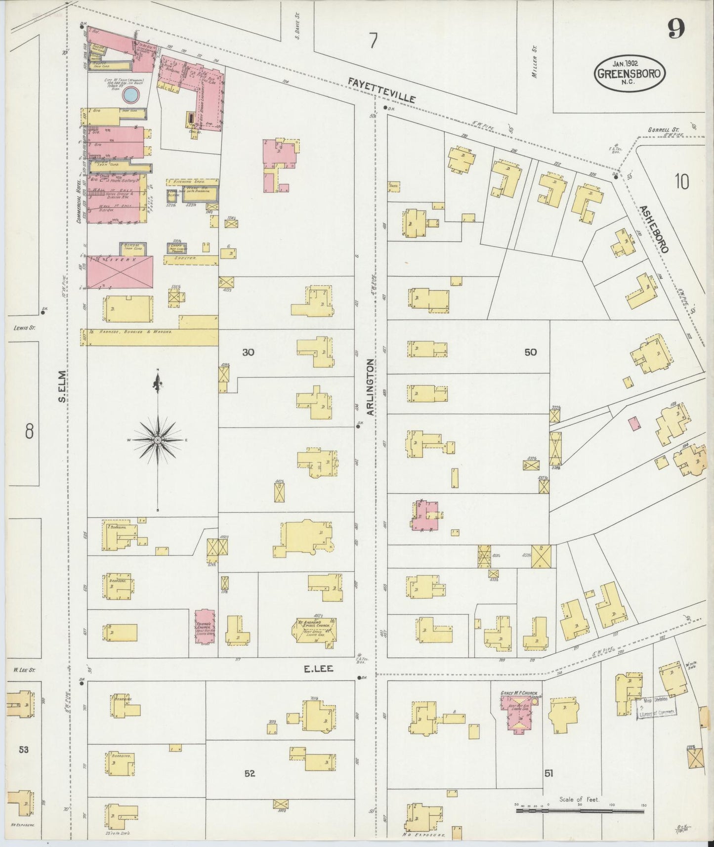 Sanborn Fire Insurance Map from Greensboro, Guilford County, North Carolina (1902), Sheet #0009 - Complete Map Set gallery image, historic Sanborn map, vintage wall art, North Carolina North Carolina