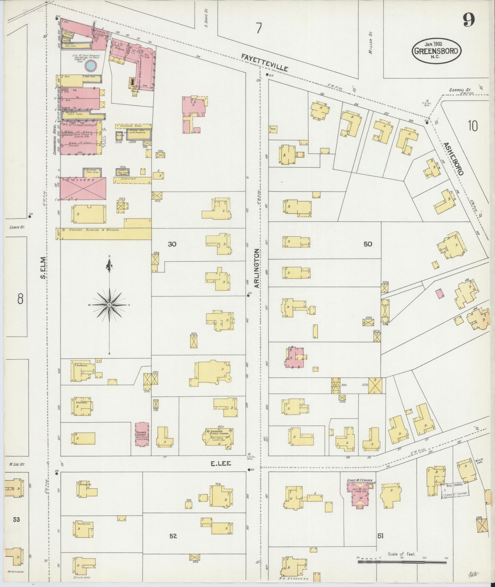 Sanborn Fire Insurance Map from Greensboro, Guilford County, North Carolina (1902), Sheet #0009 - Complete Map Set gallery image, historic Sanborn map, vintage wall art, North Carolina North Carolina