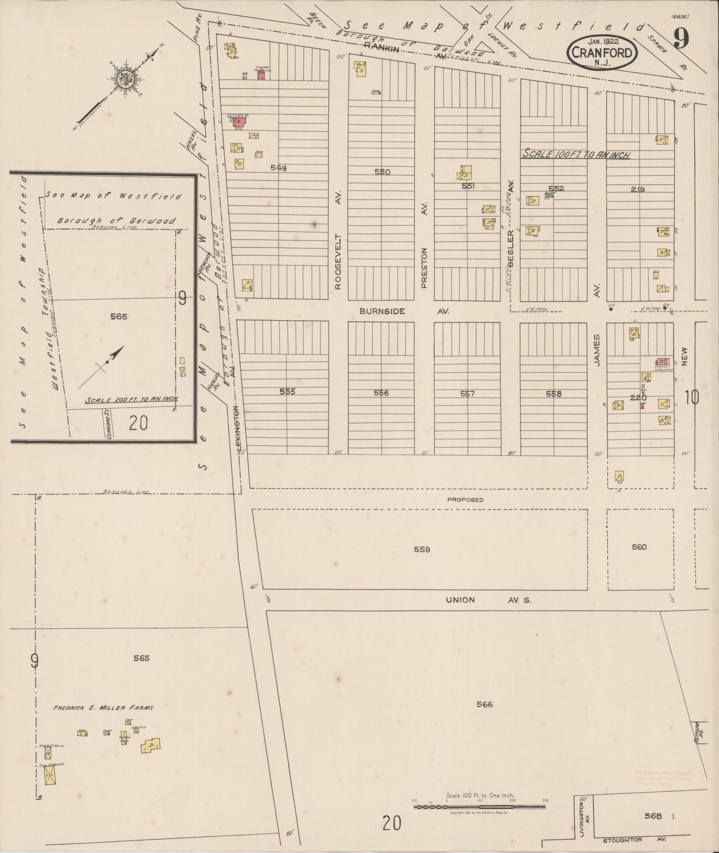 Sanborn Fire Insurance Map from Cranford, Union County, New Jersey (1922), Sheet #0009 - Historic Sanborn Fire Insurance Map Print, vintage old map wall art, antique decor, genealogy gift, New Jersey New Jersey map