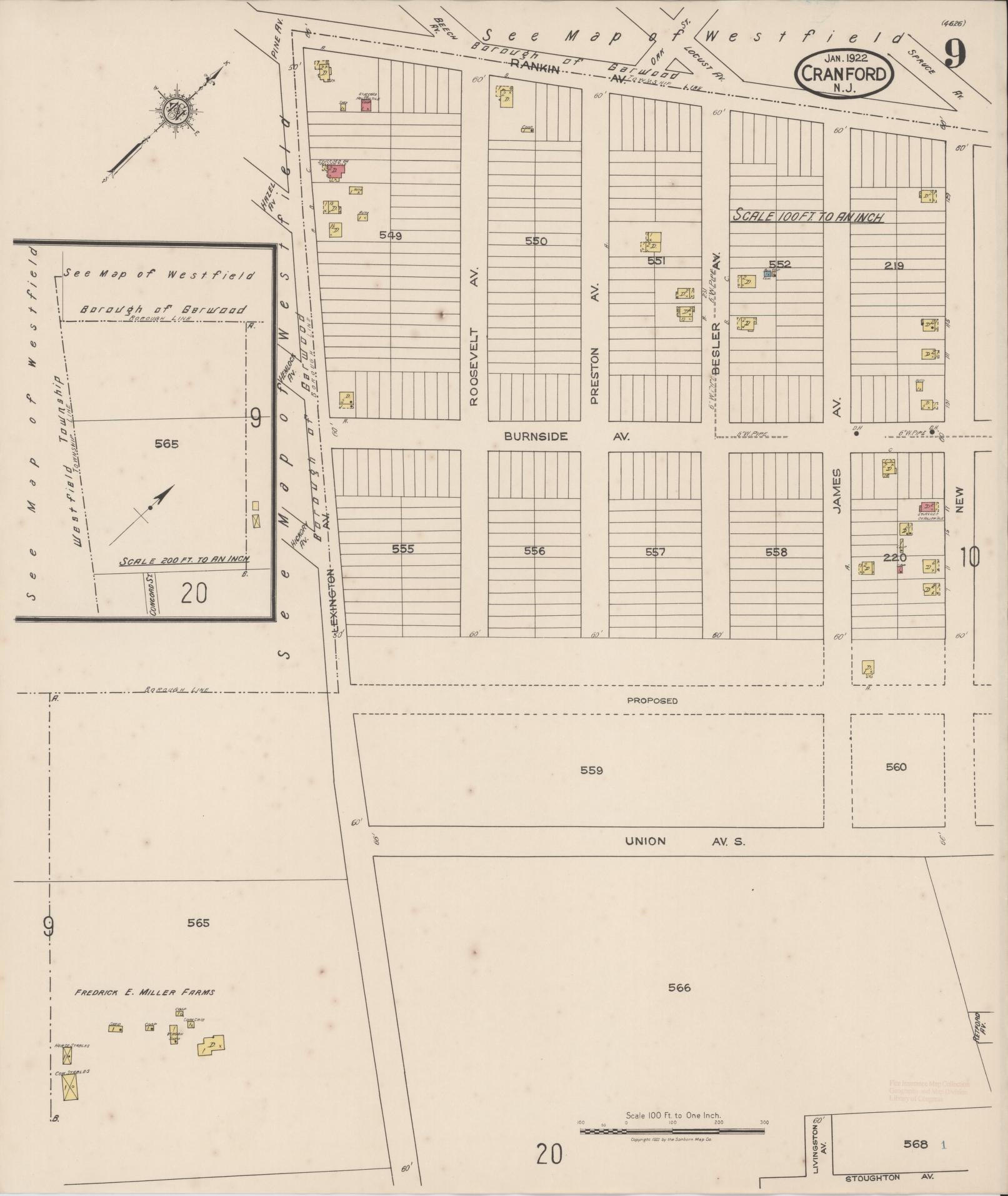 Sanborn Fire Insurance Map from Cranford, Union County, New Jersey (1922), Sheet #0009 - Historic Sanborn Fire Insurance Map Print, vintage old map wall art, antique decor, genealogy gift, New Jersey New Jersey map
