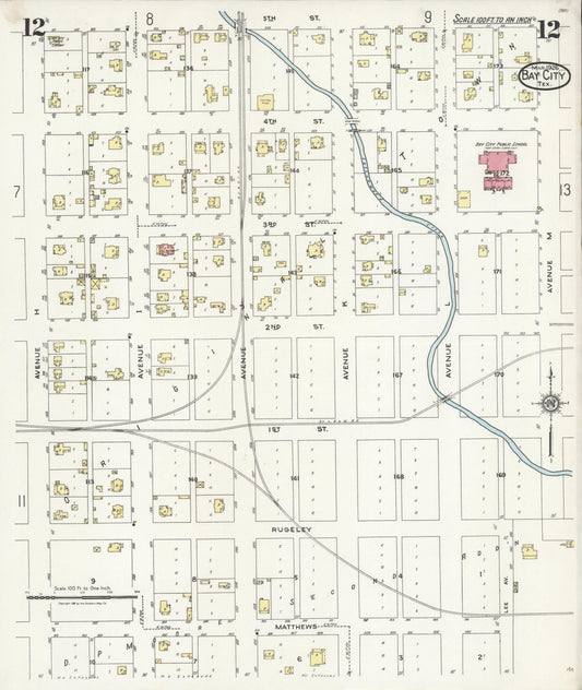 Sanborn Fire Insurance Map from Bay City, Matagorda County, Texas (1926), Sheet #0012 - Historic Sanborn Fire Insurance Map Print, vintage old map wall art, antique decor, genealogy gift, Texas Texas map