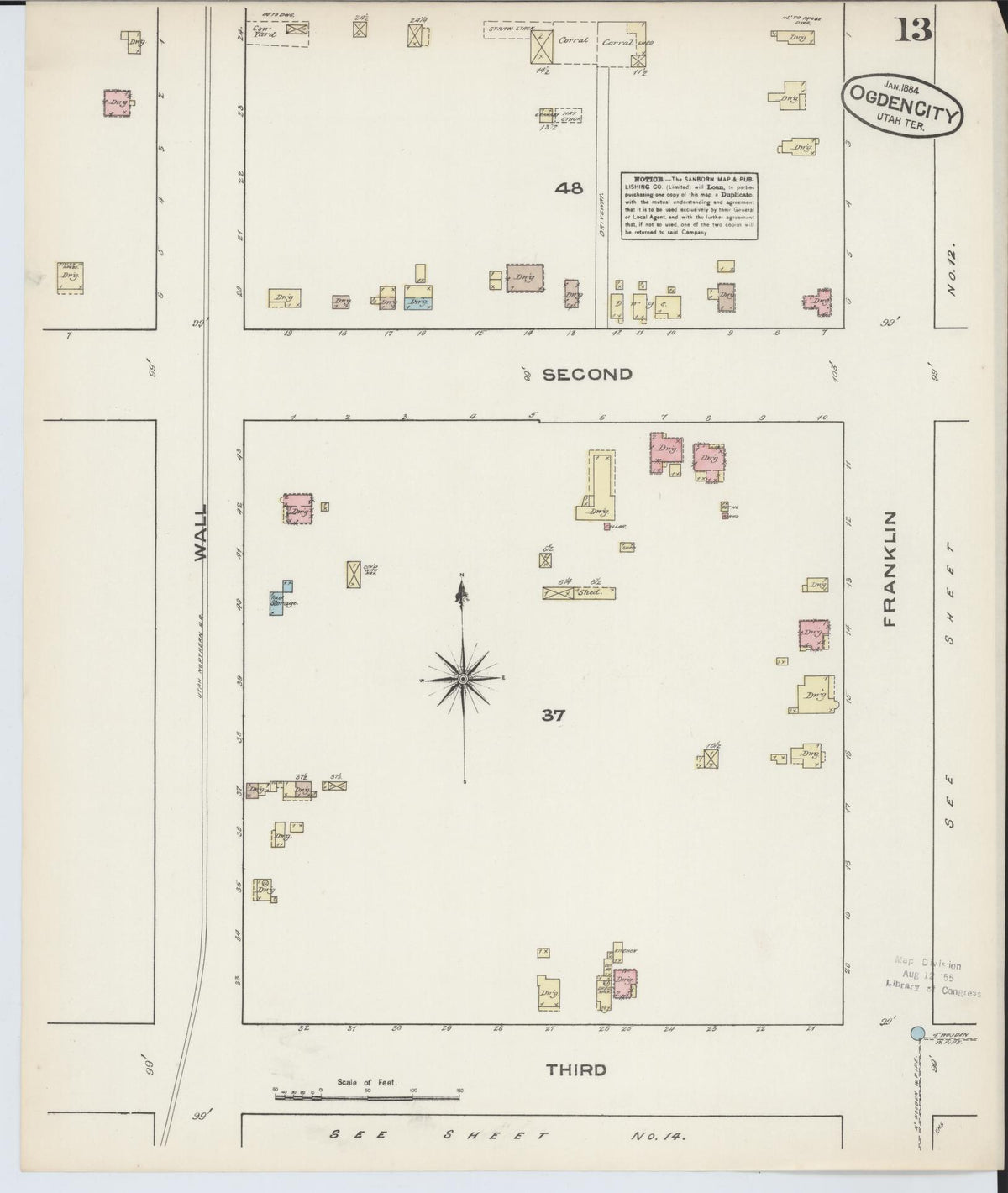 Sanborn Fire Insurance Map from Ogden, Weber County, Utah (1884), Sheet #0013 - Historic Sanborn Fire Insurance Map Print, vintage old map wall art, antique decor, genealogy gift, Utah Utah map