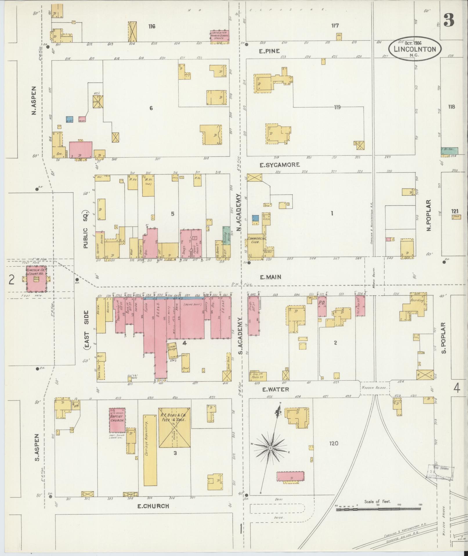 Sanborn Fire Insurance Map from Lincolnton, Lincoln County, North Carolina (1906), Sheet #0003 - Complete Map Set gallery image, historic Sanborn map, vintage wall art, North Carolina North Carolina