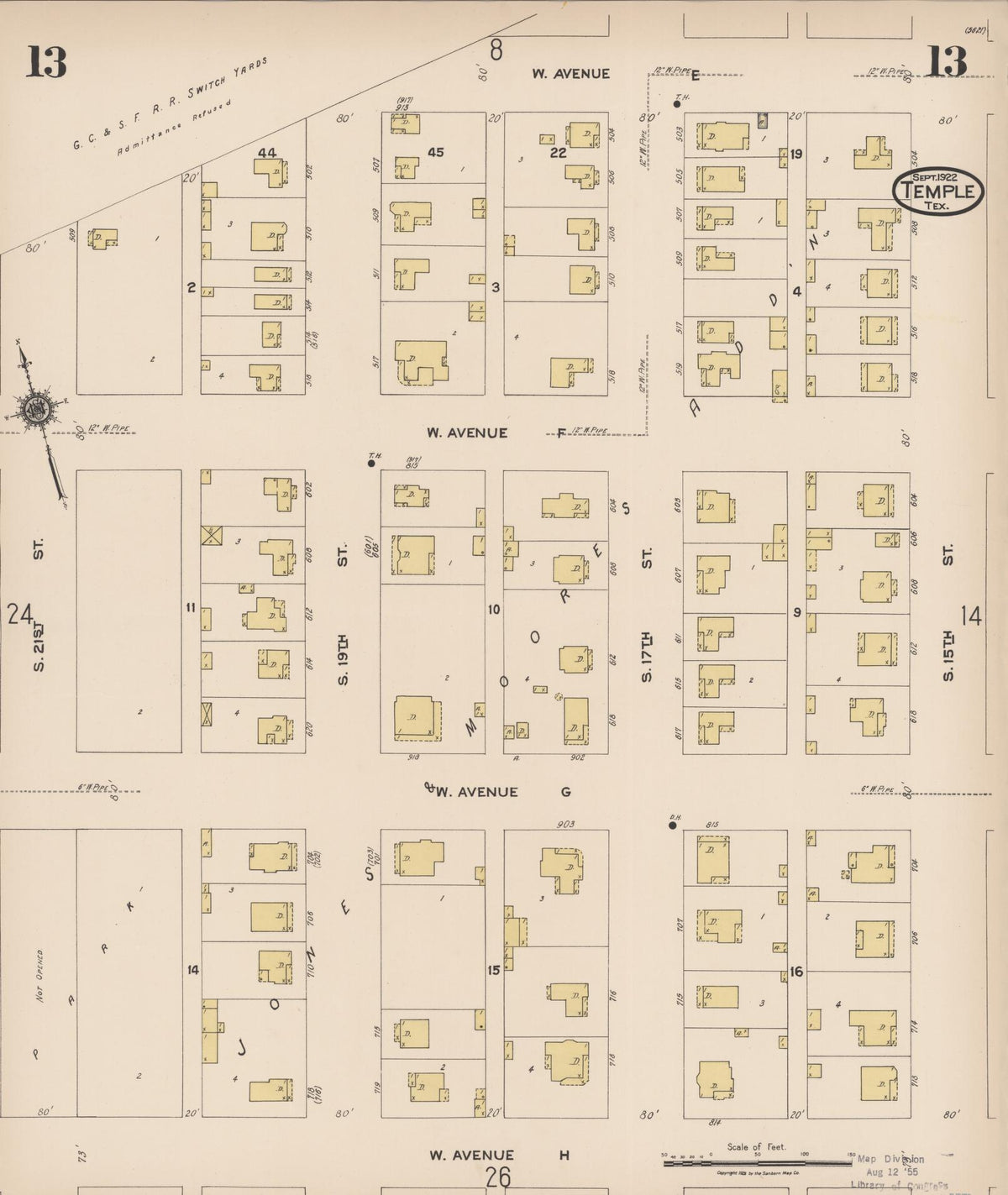Sanborn Fire Insurance Map from Temple, Bell County, Texas (1922), Sheet #0013 - Complete Map Set gallery image, historic Sanborn map, vintage wall art, Texas Texas