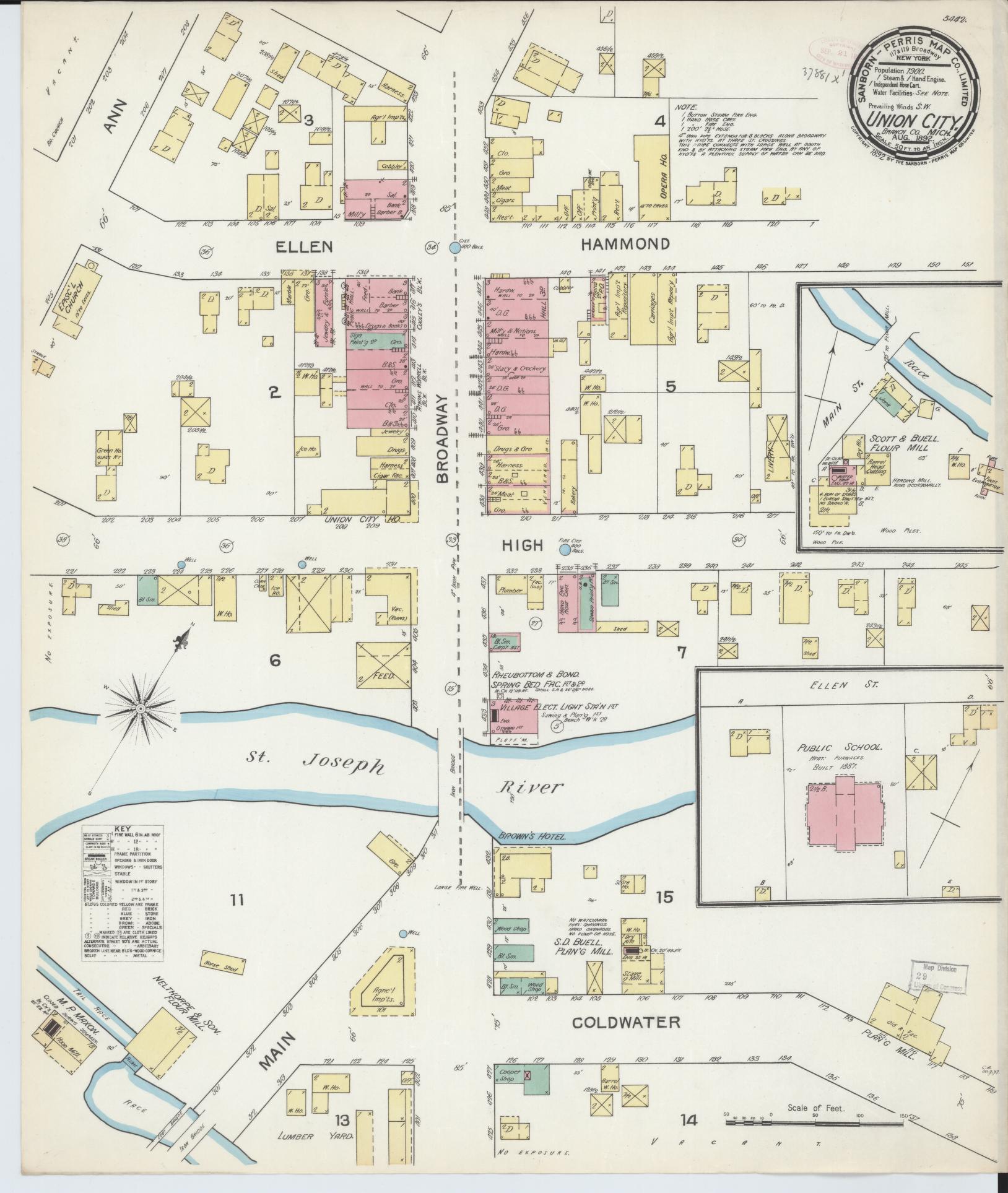 Sanborn Fire Insurance Map from Union City, Branch And Calhoun Counties, Michigan (1892), Sheet #0001 - Historic Sanborn Fire Insurance Map Print, vintage old map wall art, antique decor, genealogy gift, Michigan Michigan map