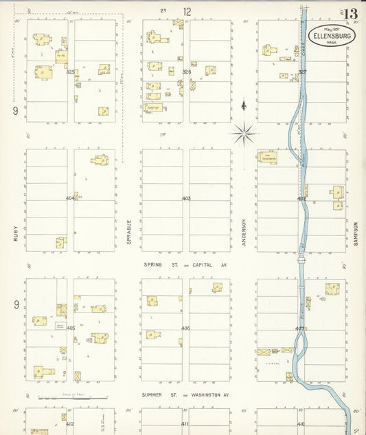 Sanborn Fire Insurance Map from Ellensburg, Kittitas County, Washington (1897), Sheet #0013 - Historic Sanborn Fire Insurance Map Print, vintage old map wall art, antique decor, genealogy gift, Washington Washington map