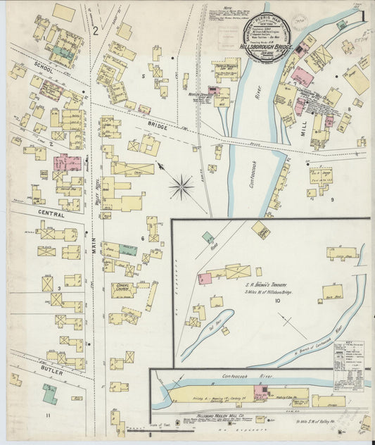 Sanborn Fire Insurance Map from Hillsborough Bridge, Hillsborough County, New Hampshire (1896), Sheet #0001 - Historic Sanborn Fire Insurance Map Print, vintage old map wall art, antique decor, genealogy gift, New Hampshire New Hampshire map