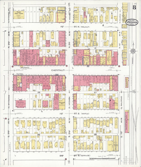 Sanborn Fire Insurance Map from Virginia, Saint Louis County, Minnesota (1921), Sheet #0008 - Historic Sanborn Fire Insurance Map Print, vintage old map wall art, antique decor, genealogy gift, Minnesota Minnesota map
