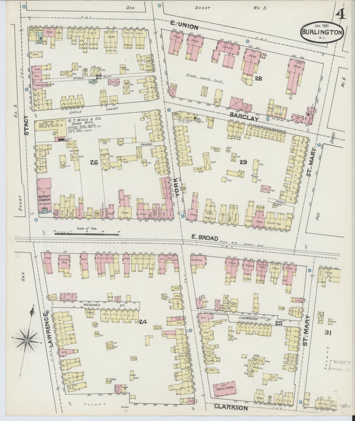 Sanborn Fire Insurance Map from Burlington, Burlington County, New Jersey (1891), Sheet #0004 - Complete Map Set gallery image, historic Sanborn map, vintage wall art, New Jersey New Jersey