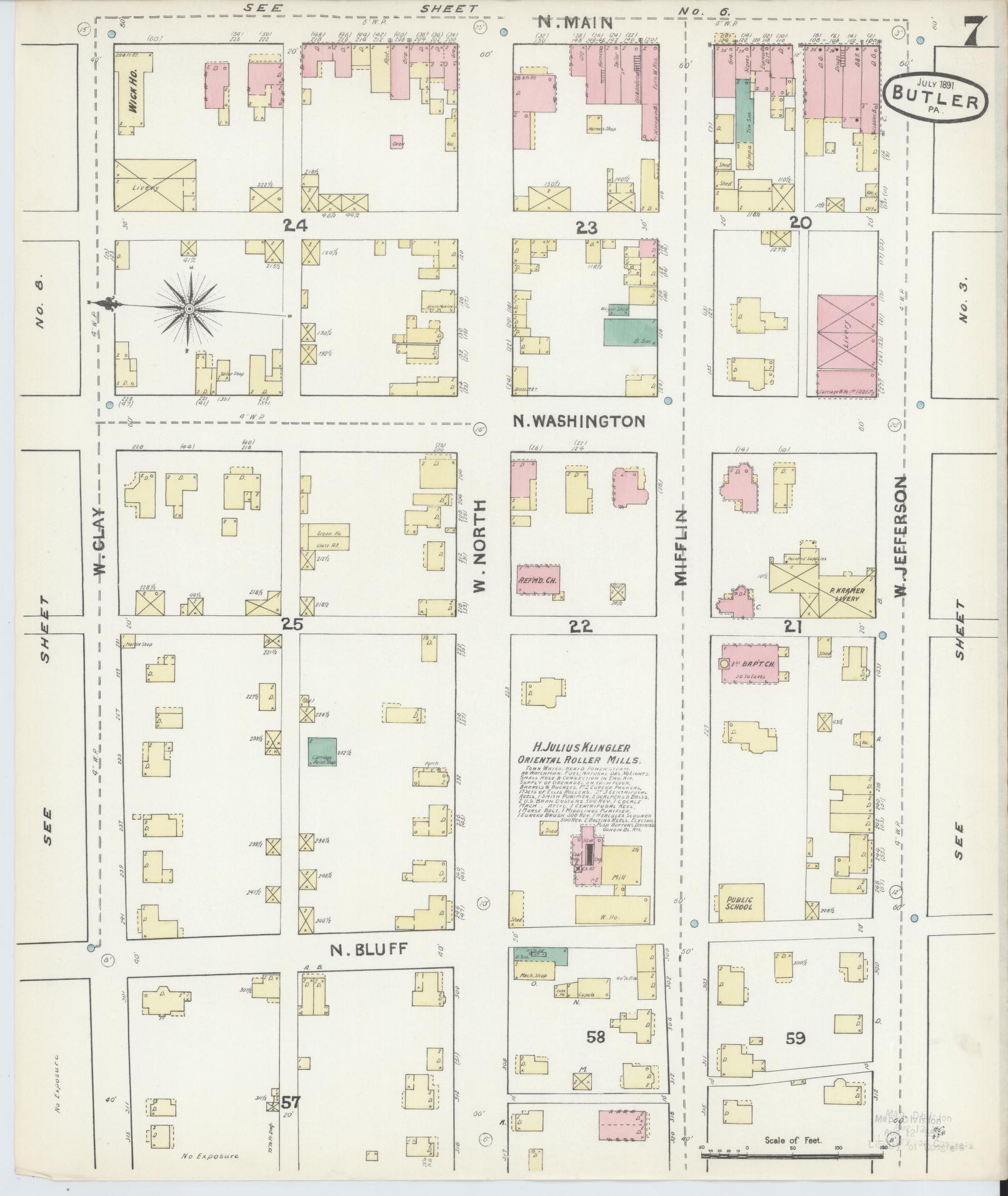 Sanborn Fire Insurance Map from Butler, Butler County, Pennsylvania (1891), Sheet #0007 - Historic Sanborn Fire Insurance Map Print, vintage old map wall art, antique decor, genealogy gift, Pennsylvania Pennsylvania map