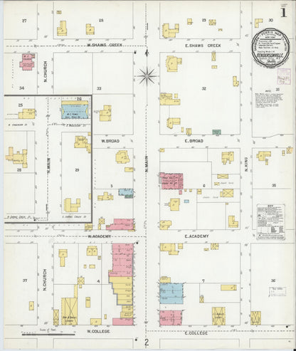 Sanborn Fire Insurance Map from Hendersonville, Henderson County, North Carolina (1901), Sheet #0001 - Historic Sanborn Fire Insurance Map Print, vintage old map wall art, antique decor, genealogy gift, North Carolina North Carolina map