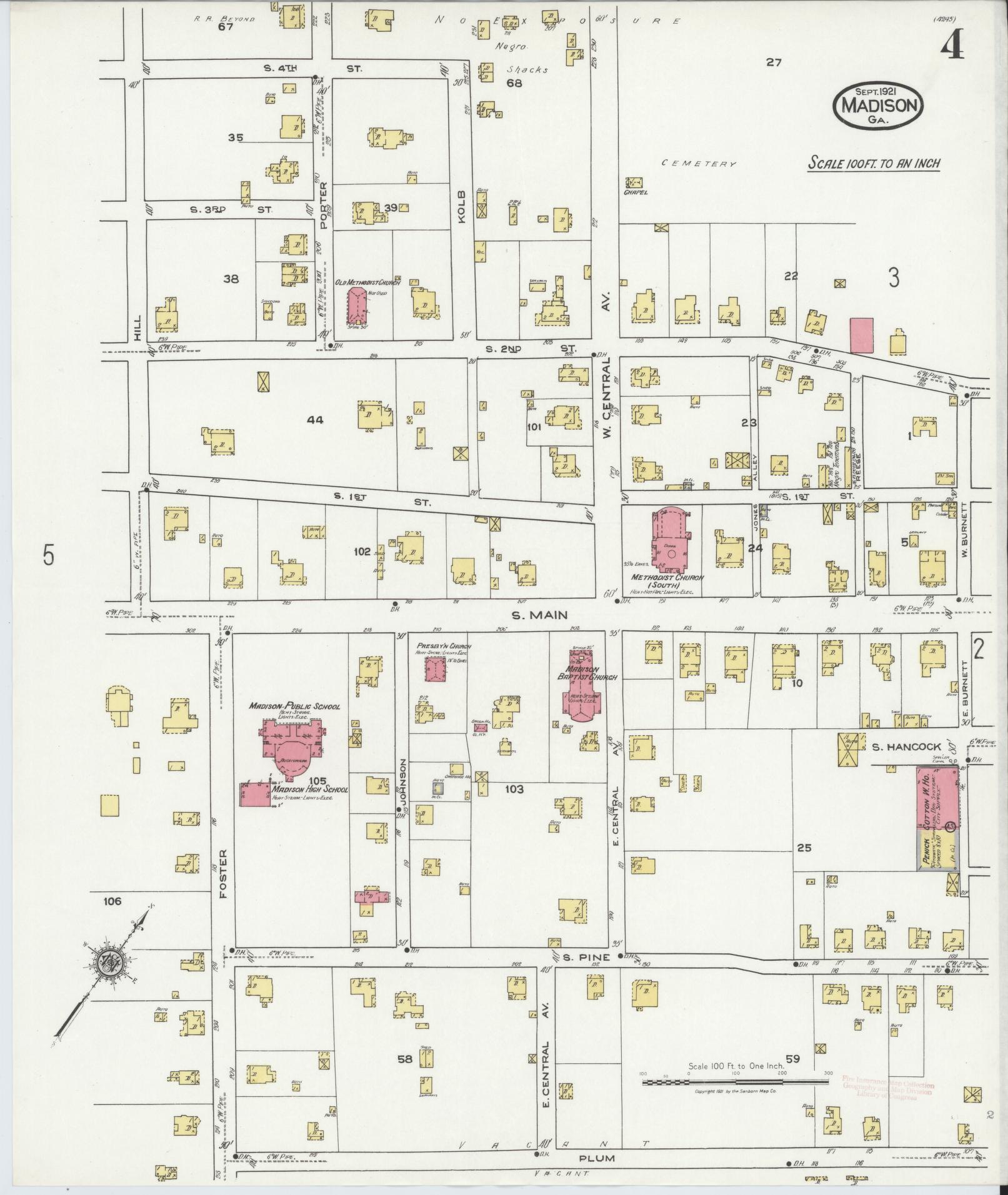 Sanborn Fire Insurance Map from Madison, Morgan County, Georgia (1921), Sheet #0004 - Historic Sanborn Fire Insurance Map Print, vintage old map wall art, antique decor, genealogy gift, Georgia Georgia map