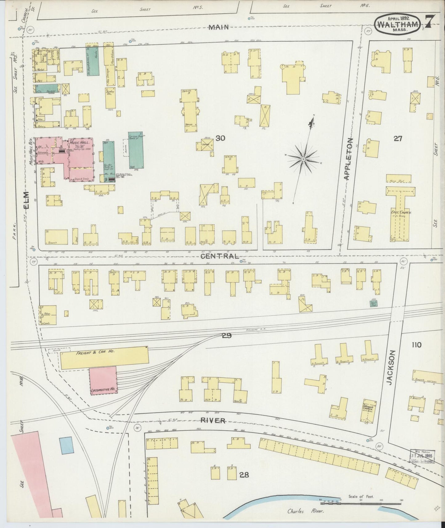 Sanborn Fire Insurance Map from Waltham, Middlesex County, Massachusetts (1892), Sheet #0007 - Historic Sanborn Fire Insurance Map Print, vintage old map wall art, antique decor, genealogy gift, Massachusetts Massachusetts map