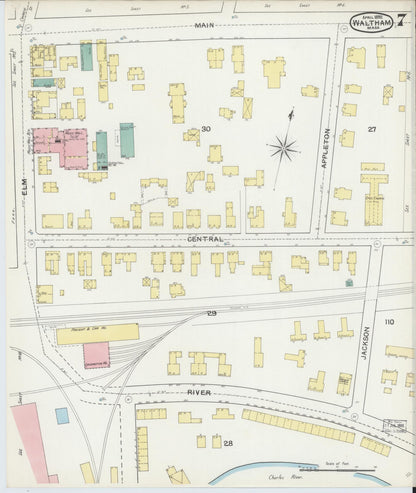 Sanborn Fire Insurance Map from Waltham, Middlesex County, Massachusetts (1892), Sheet #0007 - Historic Sanborn Fire Insurance Map Print, vintage old map wall art, antique decor, genealogy gift, Massachusetts Massachusetts map
