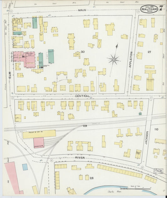 Sanborn Fire Insurance Map from Waltham, Middlesex County, Massachusetts (1892), Sheet #0007 - Historic Sanborn Fire Insurance Map Print, vintage old map wall art, antique decor, genealogy gift, Massachusetts Massachusetts map