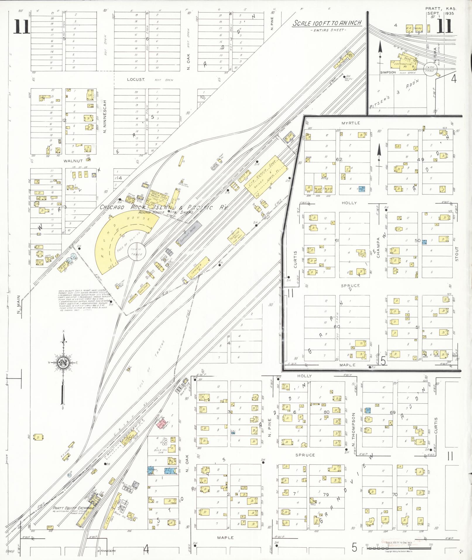 Sanborn Fire Insurance Map from Pratt, Pratt County, Kansas (1935), Sheet #0011 - Historic Sanborn Fire Insurance Map Print, vintage old map wall art, antique decor, genealogy gift, Kansas Kansas map