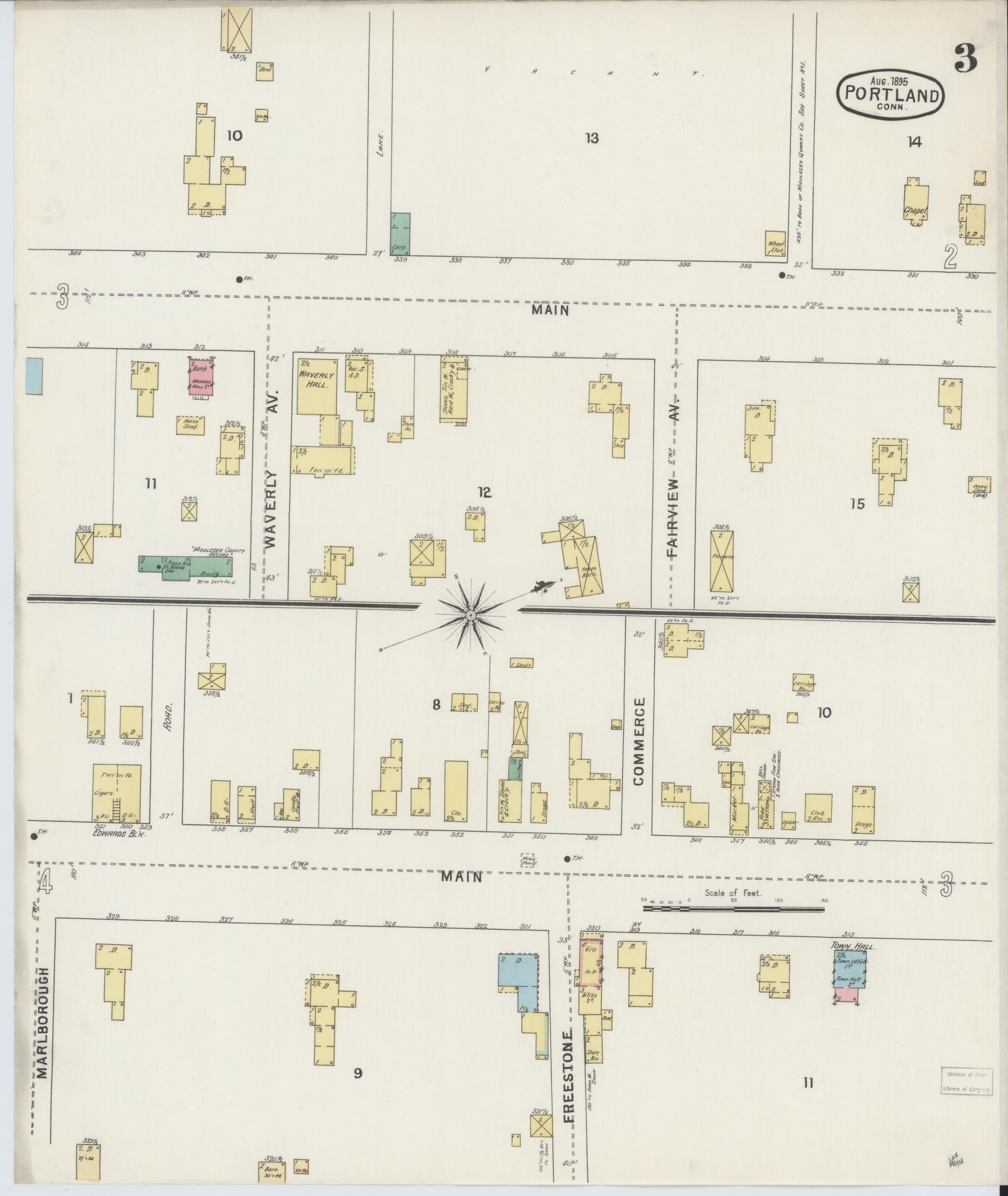 Sanborn Fire Insurance Map from Portland, Middlesex County, Connecticut (1895), Sheet #0003 - Historic Sanborn Fire Insurance Map Print, vintage old map wall art, antique decor, genealogy gift, Connecticut Connecticut map