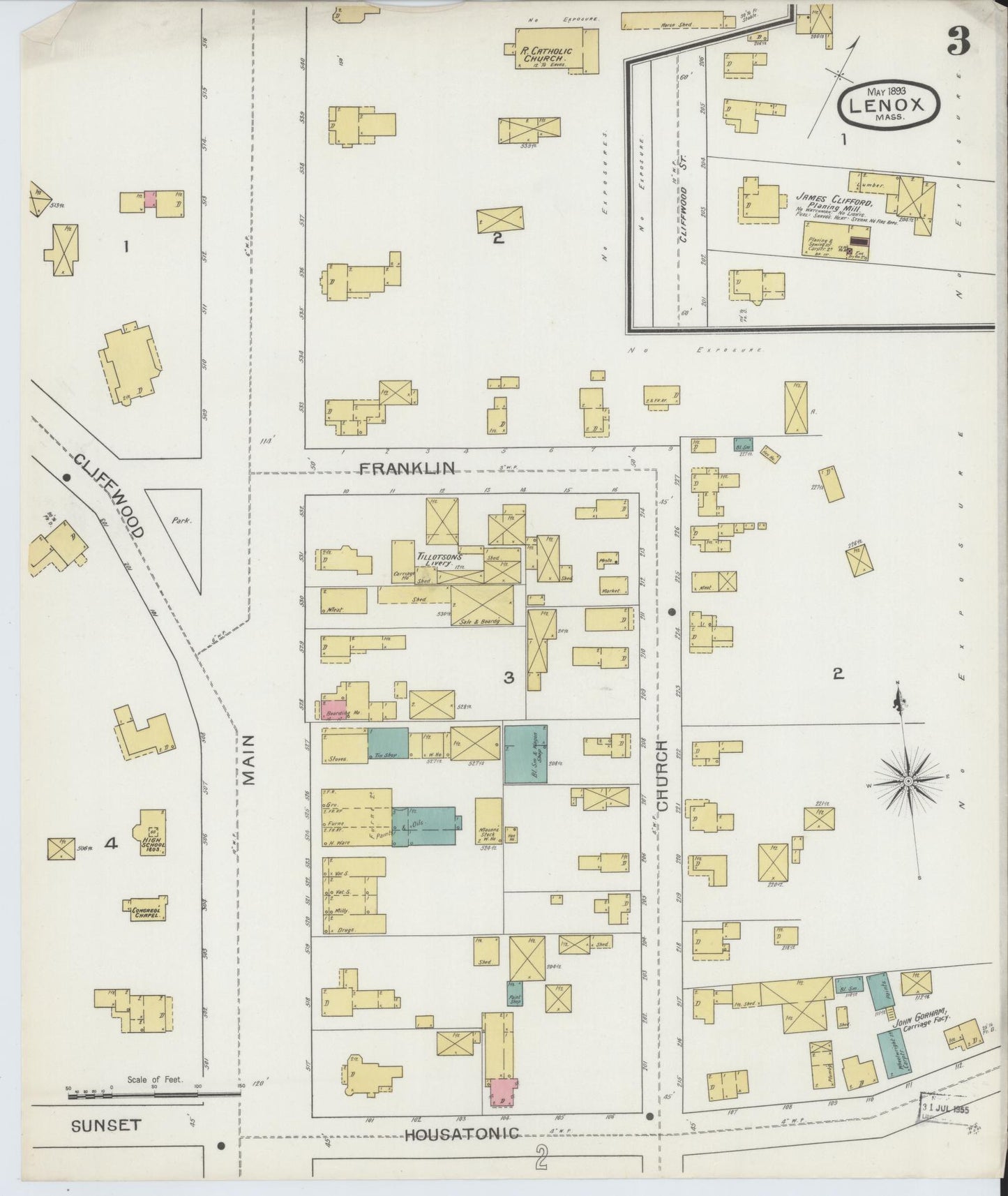 Sanborn Fire Insurance Map from Lenox, Berkshire County, Massachusetts (1893), Sheet #0003 - Complete Map Set gallery image, historic Sanborn map, vintage wall art, Massachusetts Massachusetts