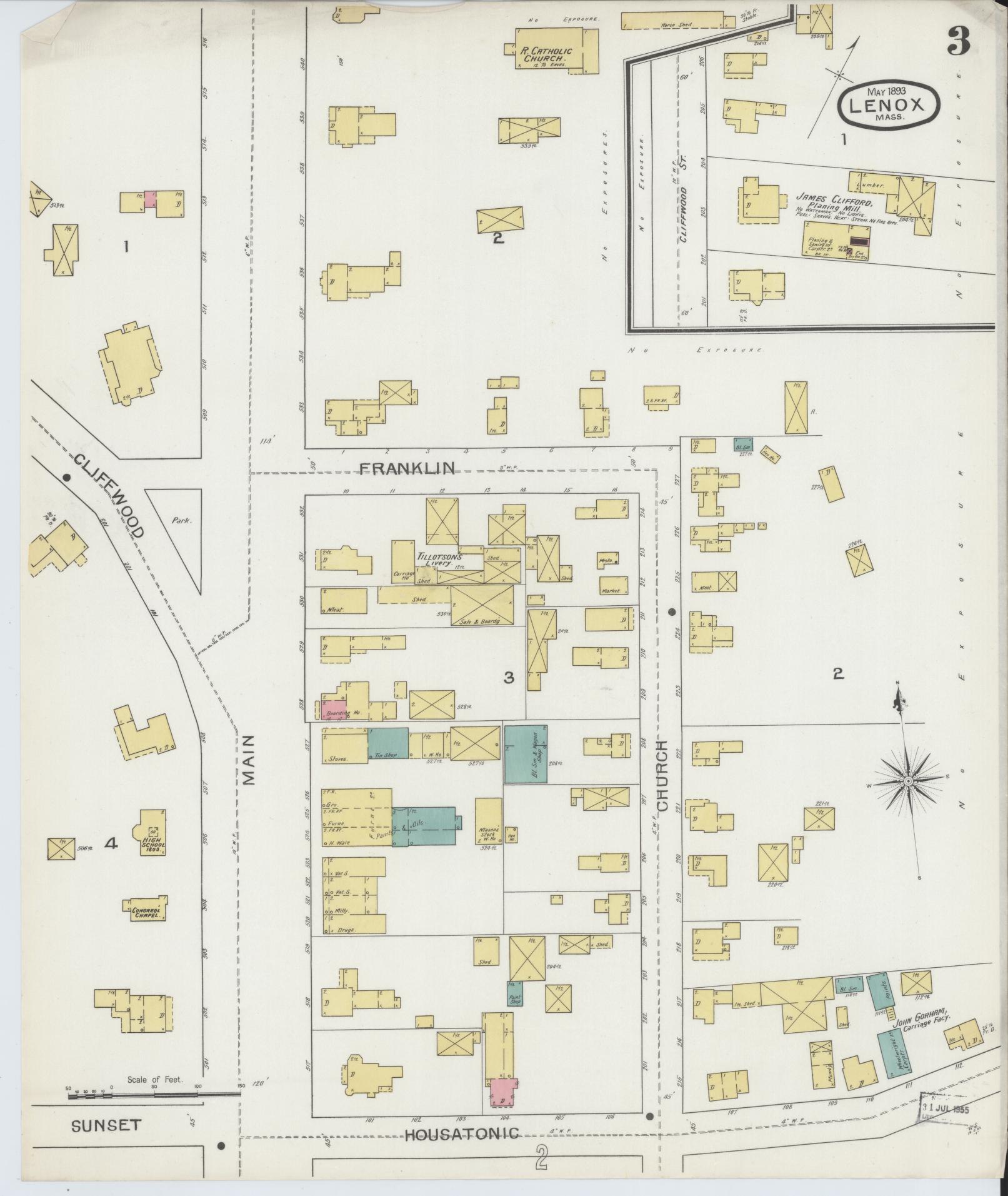Sanborn Fire Insurance Map from Lenox, Berkshire County, Massachusetts (1893), Sheet #0003 - Complete Map Set gallery image, historic Sanborn map, vintage wall art, Massachusetts Massachusetts