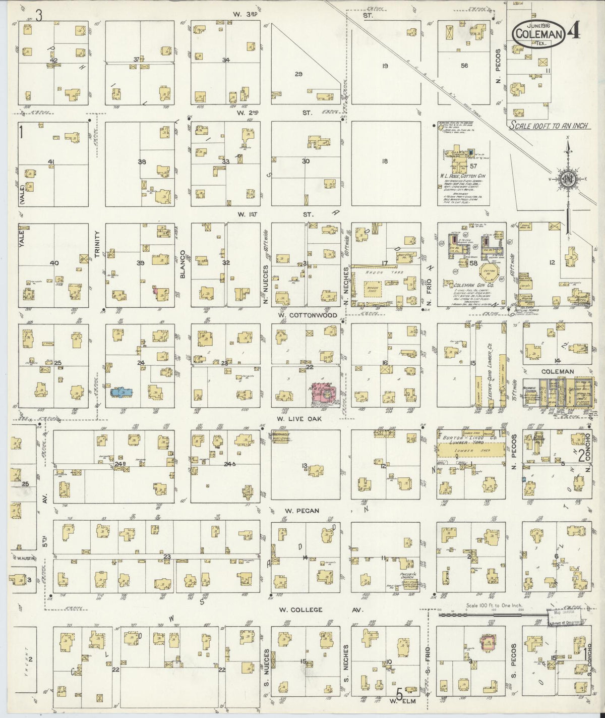 Sanborn Fire Insurance Map from Coleman, Coleman County, Texas (1916), Sheet #0004 - Complete Map Set gallery image, historic Sanborn map, vintage wall art, Texas Texas