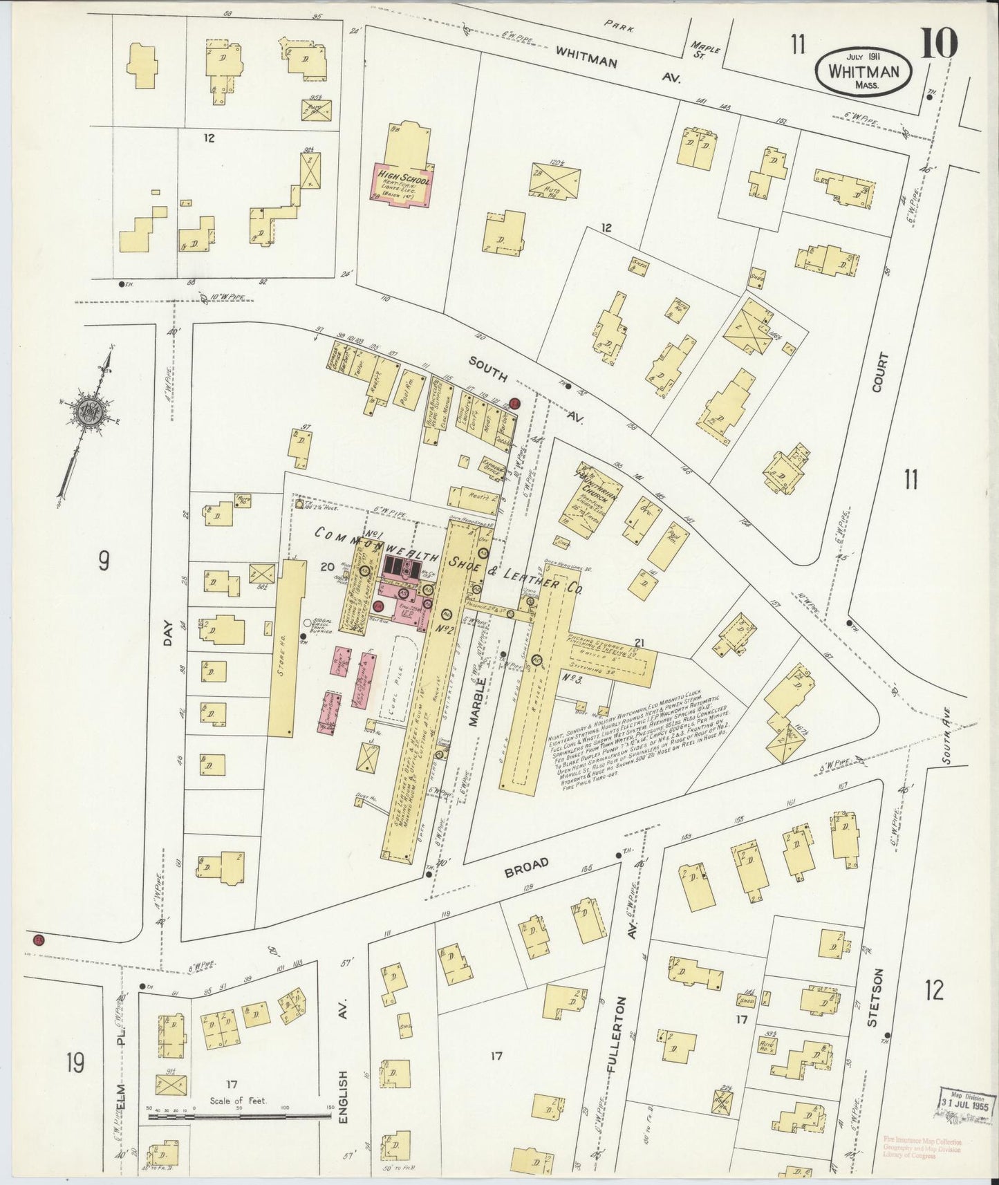 Sanborn Fire Insurance Map from Whitman, Plymouth County, Massachusetts (1911), Sheet #0010 - Historic Sanborn Fire Insurance Map Print, vintage old map wall art, antique decor, genealogy gift, Massachusetts Massachusetts map