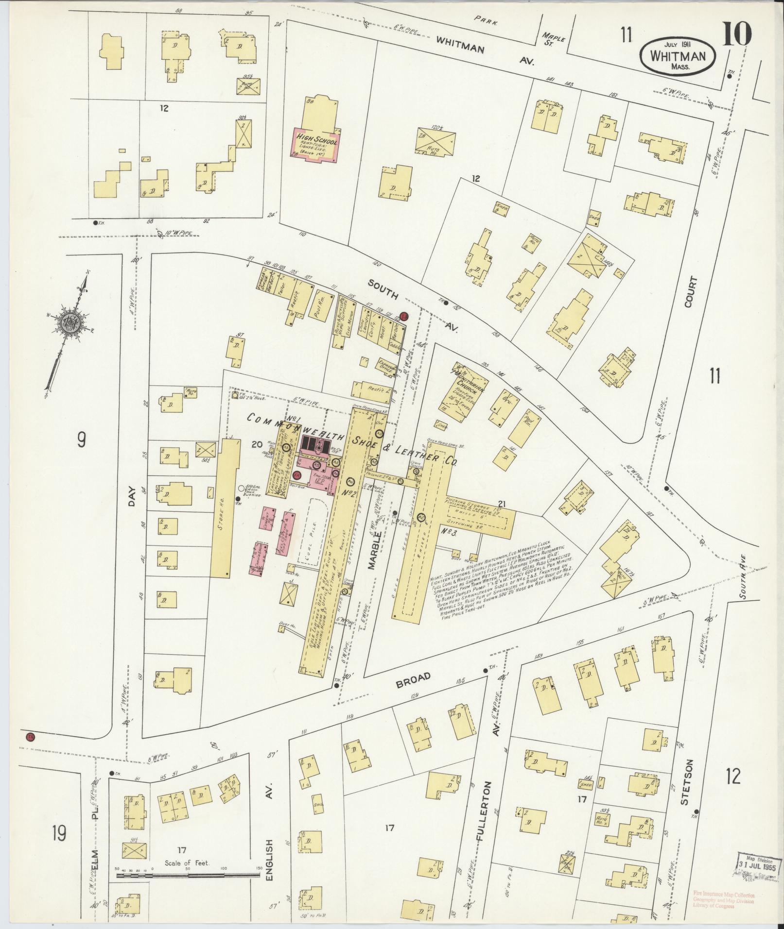 Sanborn Fire Insurance Map from Whitman, Plymouth County, Massachusetts (1911), Sheet #0010 - Historic Sanborn Fire Insurance Map Print, vintage old map wall art, antique decor, genealogy gift, Massachusetts Massachusetts map