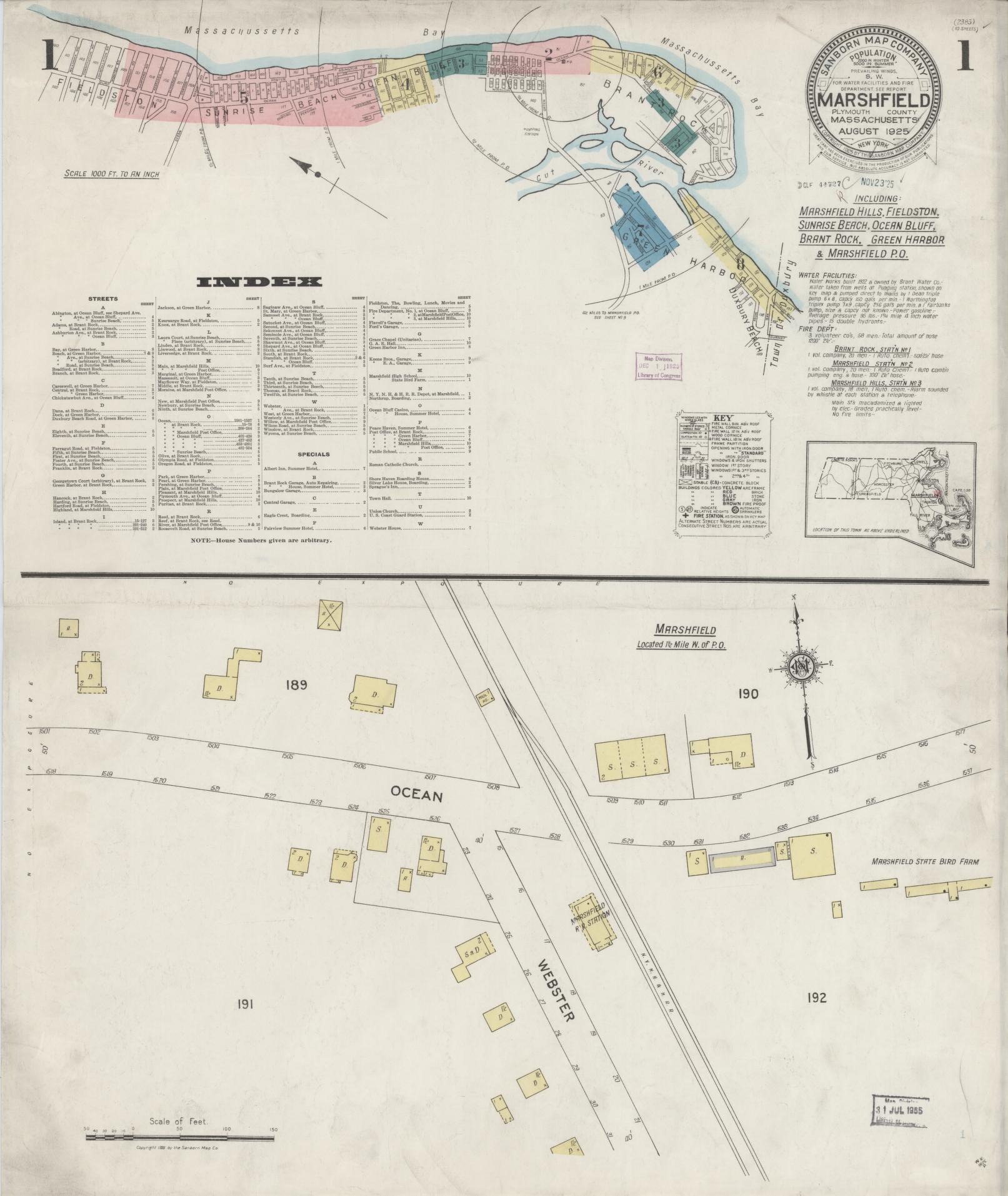 Sanborn Fire Insurance Map from Marshfield, Plymouth County, Massachusetts (1925), Sheet #0001 - Complete Map Set gallery image, historic Sanborn map, vintage wall art, Massachusetts Massachusetts