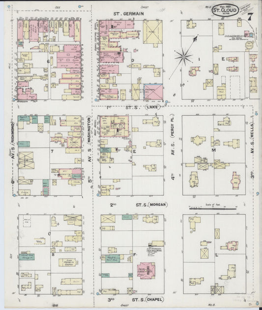 Sanborn Fire Insurance Map from Saint Cloud, Stearns, Benton, and Sherburne Counties, Minnesota (1889), Sheet #0007 - Historic Sanborn Fire Insurance Map Print, vintage old map wall art, antique decor, genealogy gift, Minnesota Minnesota map