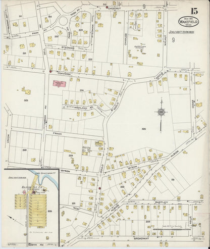Sanborn Fire Insurance Map from Wakefield, Middlesex County, Massachusetts (1915), Sheet #0015 - Historic Sanborn Fire Insurance Map Print, vintage old map wall art, antique decor, genealogy gift, Massachusetts Massachusetts map