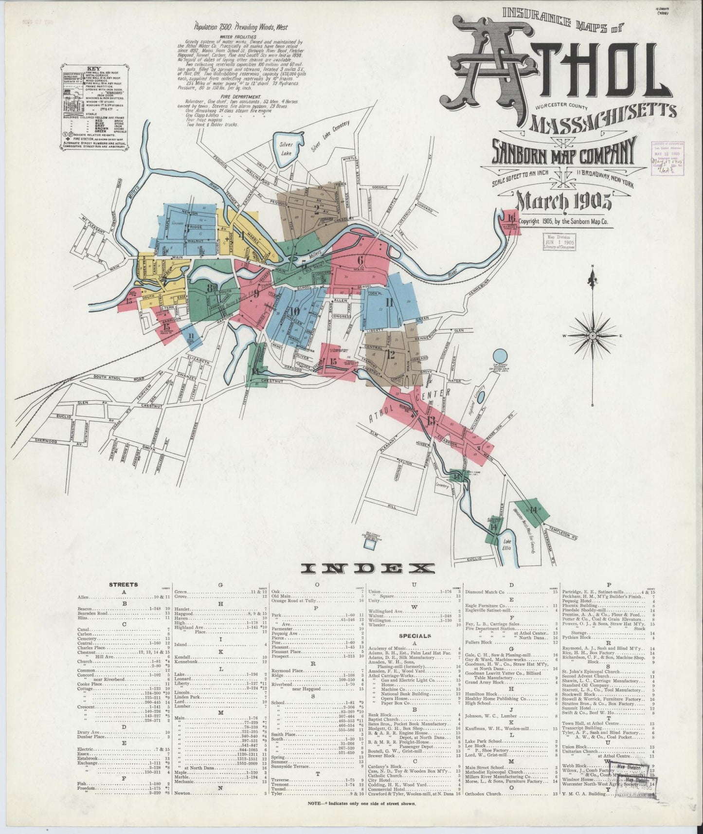 Sanborn Fire Insurance Map from Athol, Worcester County, Massachusetts (1905), Sheet #0001 - Historic Sanborn Fire Insurance Map Print, vintage old map wall art, antique decor, genealogy gift, Massachusetts Massachusetts map