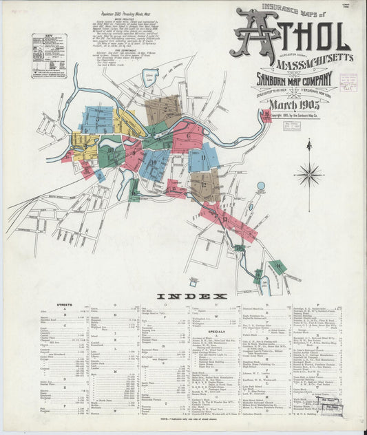 Sanborn Fire Insurance Map from Athol, Worcester County, Massachusetts (1905), Sheet #0001 - Historic Sanborn Fire Insurance Map Print, vintage old map wall art, antique decor, genealogy gift, Massachusetts Massachusetts map