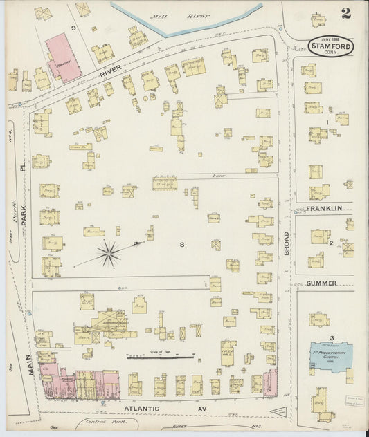 Sanborn Fire Insurance Map from Stamford, Fairfield County, Connecticut (1888), Sheet #0002 - Historic Sanborn Fire Insurance Map Print, vintage old map wall art, antique decor, genealogy gift, Connecticut Connecticut map