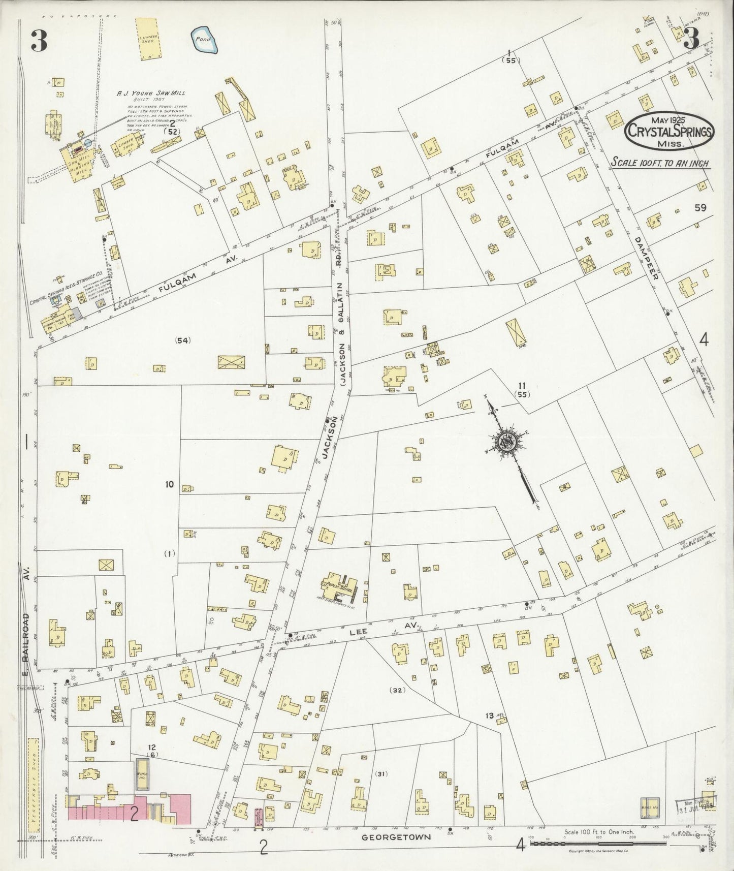 Sanborn Fire Insurance Map from Crystal Springs, Copiah County, Mississippi (1925), Sheet #0003 - Historic Sanborn Fire Insurance Map Print, vintage old map wall art, antique decor, genealogy gift, Mississippi Mississippi map
