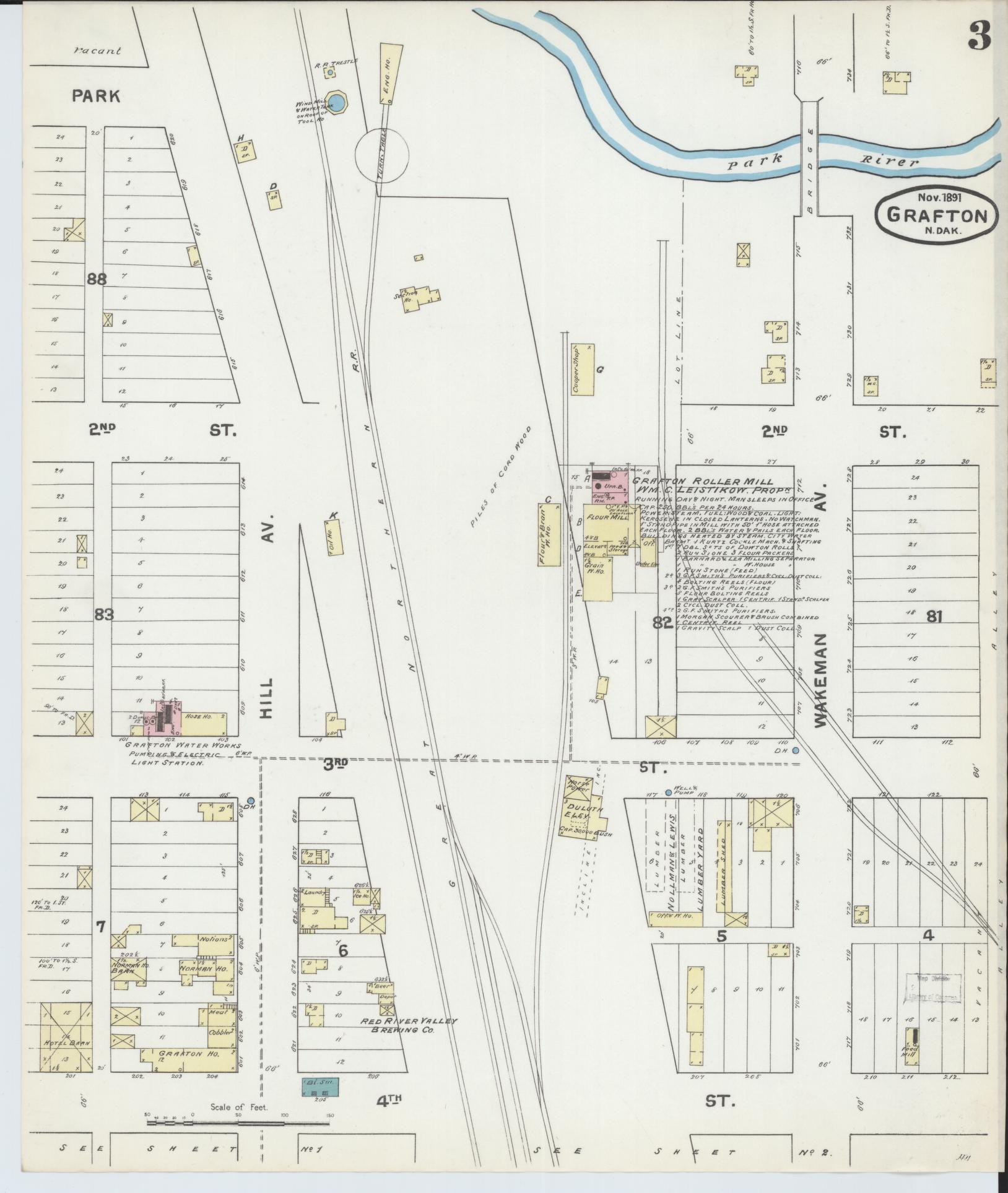 Sanborn Fire Insurance Map from Grafton, Walsh County, North Dakota (1891), Sheet #0003 - Historic Sanborn Fire Insurance Map Print, vintage old map wall art, antique decor, genealogy gift, North Dakota North Dakota map