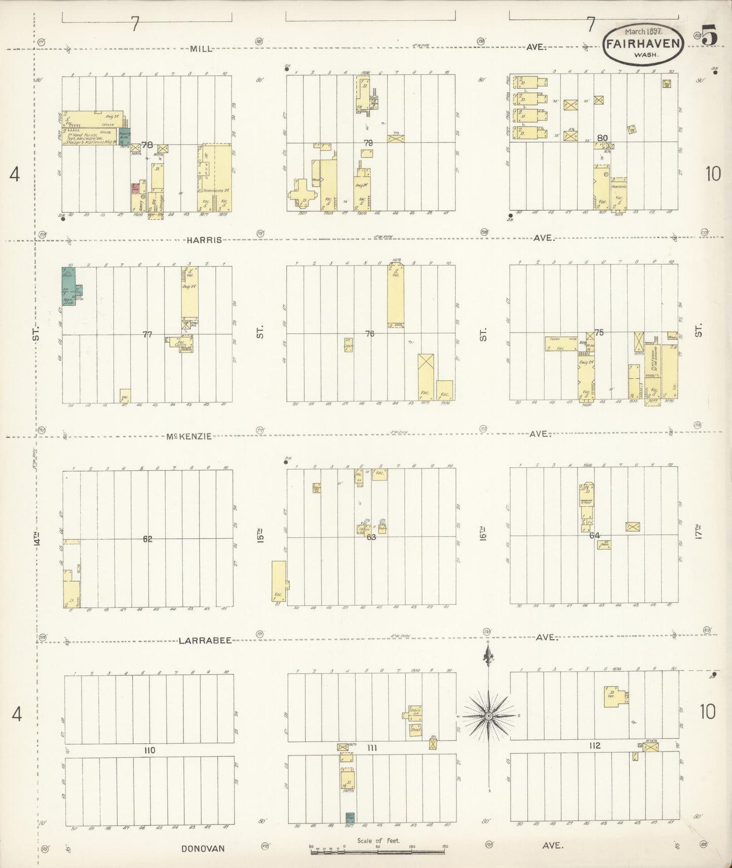 Sanborn Fire Insurance Map from Fairhaven [see also Bellingham and Sehome], Whatcom County, Washington (1897), Sheet #0005 - Complete Map Set gallery image, historic Sanborn map, vintage wall art, Washington Washington