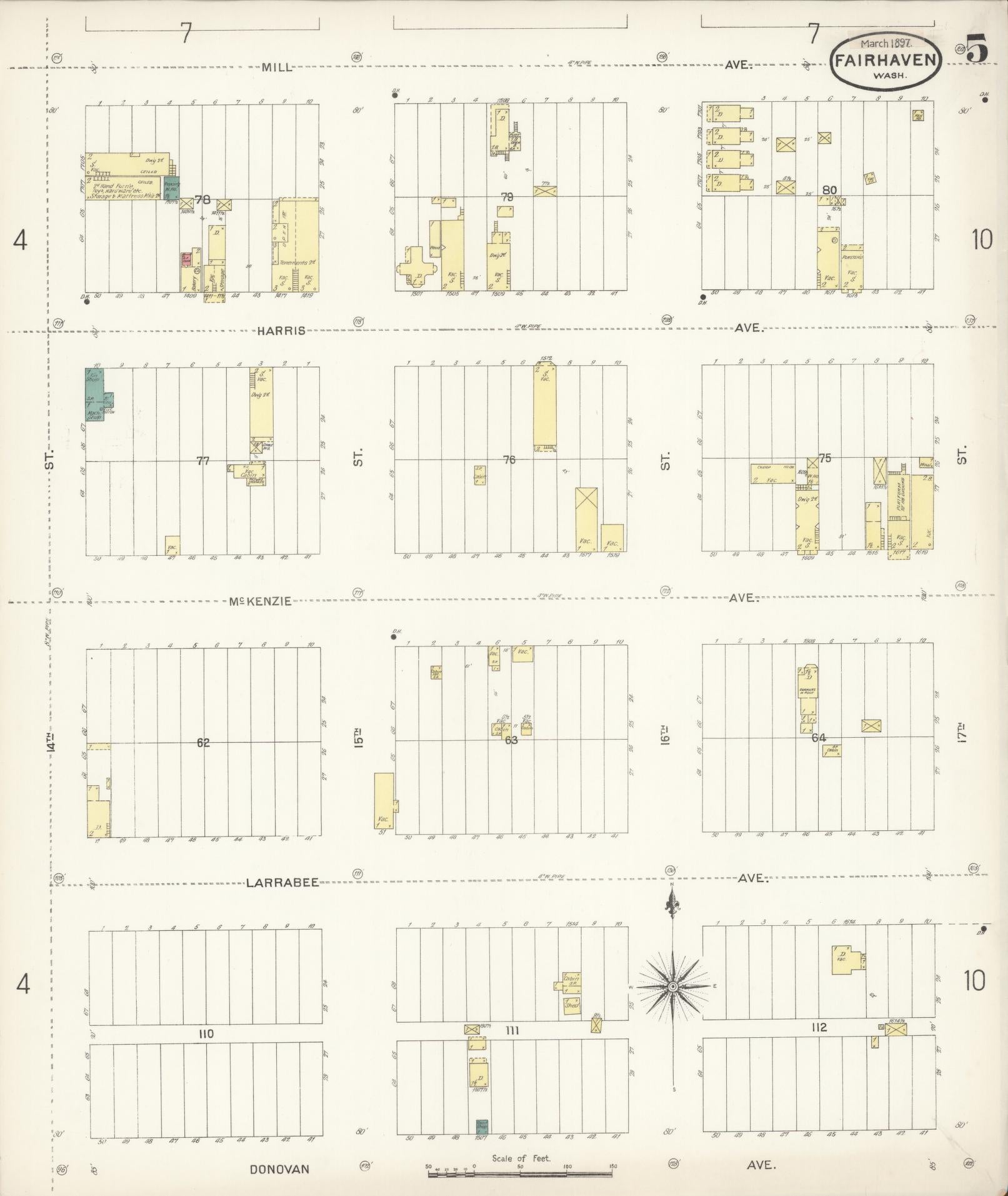 Sanborn Fire Insurance Map from Fairhaven [see also Bellingham and Sehome], Whatcom County, Washington (1897), Sheet #0005 - Complete Map Set gallery image, historic Sanborn map, vintage wall art, Washington Washington