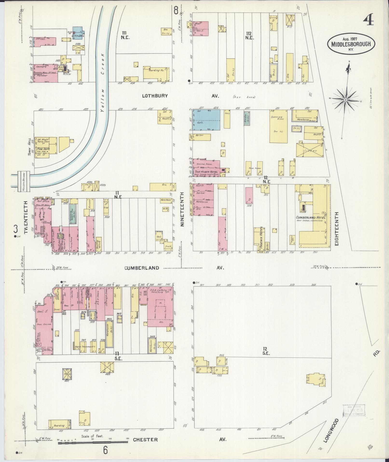 Sanborn Fire Insurance Map from Middlesboro, Bell County, Kentucky (1907), Sheet #0004 - Historic Sanborn Fire Insurance Map Print, vintage old map wall art, antique decor, genealogy gift, Kentucky Kentucky map