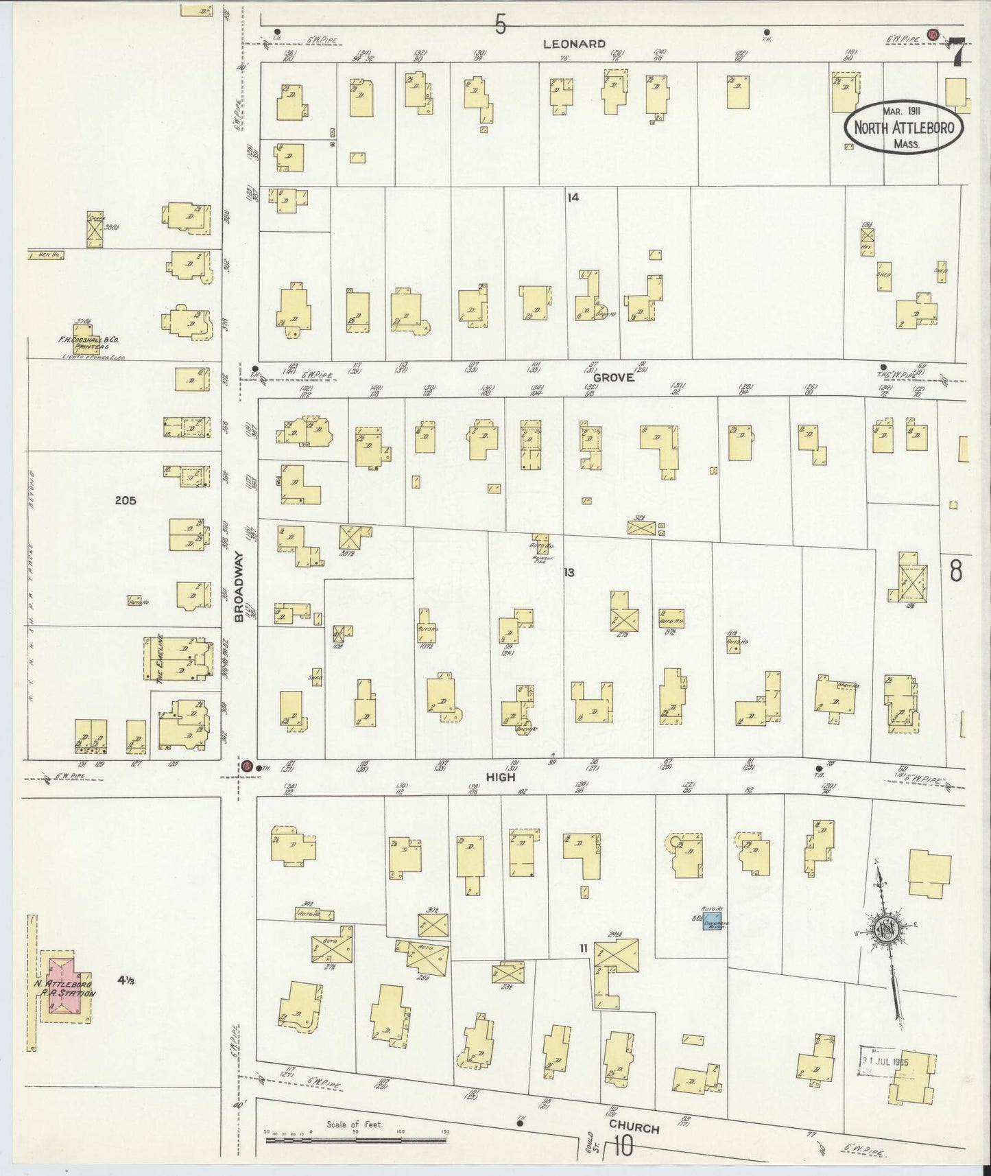 Sanborn Fire Insurance Map from North Attleborough, Bristol County, Massachusetts (1911), Sheet #0007 - Complete Map Set gallery image, historic Sanborn map, vintage wall art, Massachusetts Massachusetts