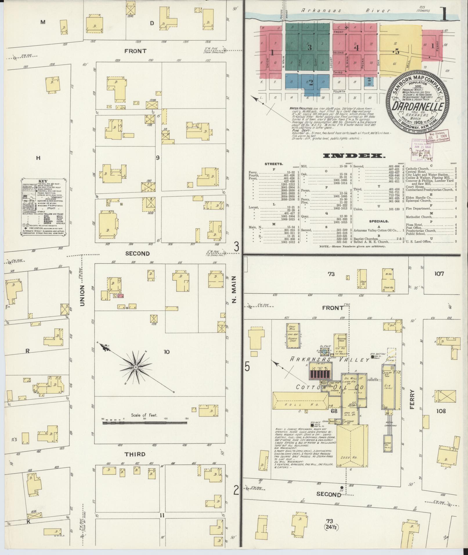 Sanborn Fire Insurance Map from Dardanelle, Yell County, Arkansas (1909), Sheet #0001 - Historic Sanborn Fire Insurance Map Print, vintage old map wall art, antique decor, genealogy gift, Arkansas Arkansas map