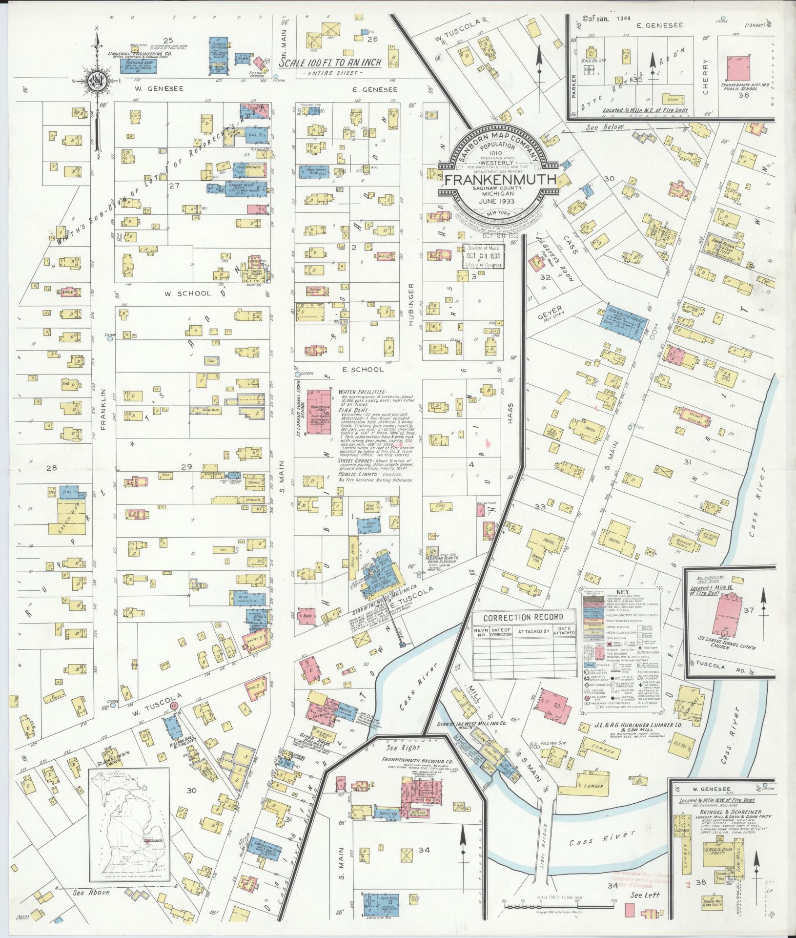 Sanborn Fire Insurance Map from Frankenmuth, Saginaw County, Michigan. (1933) – Historic Sanborn Fire Insurance Map Print