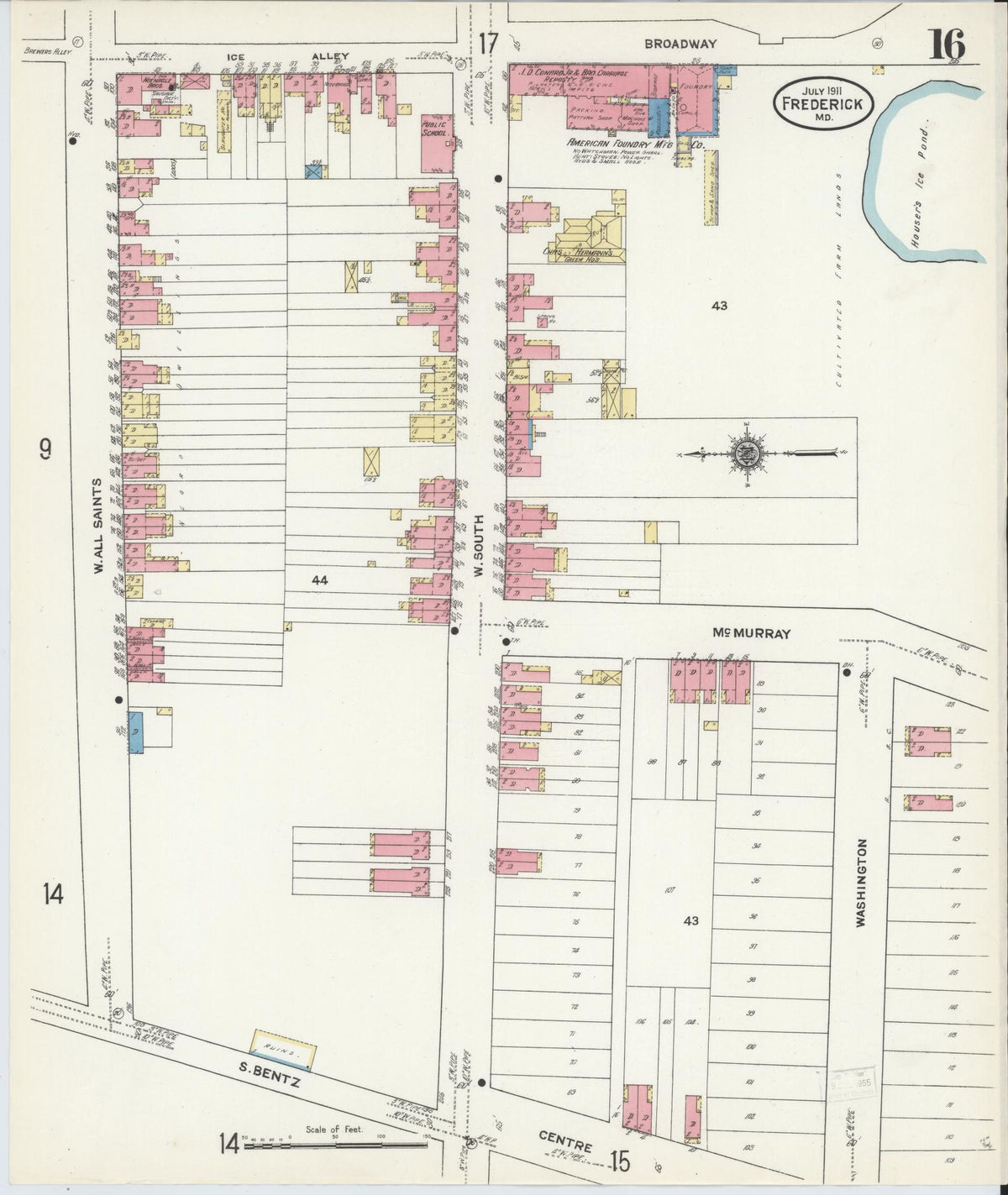 Sanborn Fire Insurance Map from Frederick, Frederick County, Maryland (1911), Sheet #0016 - Historic Sanborn Fire Insurance Map Print, vintage old map wall art, antique decor, genealogy gift, Maryland Maryland map