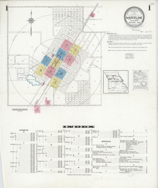 Sanborn Fire Insurance Map from Marceline, Linn County, Missouri (1930), Sheet #0001 - Historic Sanborn Fire Insurance Map Print, vintage old map wall art, antique decor, genealogy gift, Missouri Missouri map