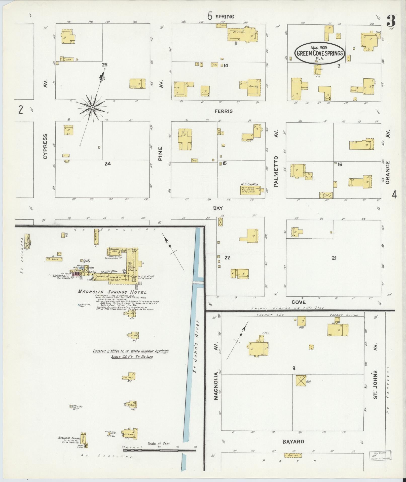 Sanborn Fire Insurance Map from Green Cove Springs, Clay County, Florida (1909), Sheet #0003 - Complete Map Set gallery image, historic Sanborn map, vintage wall art, Florida Florida